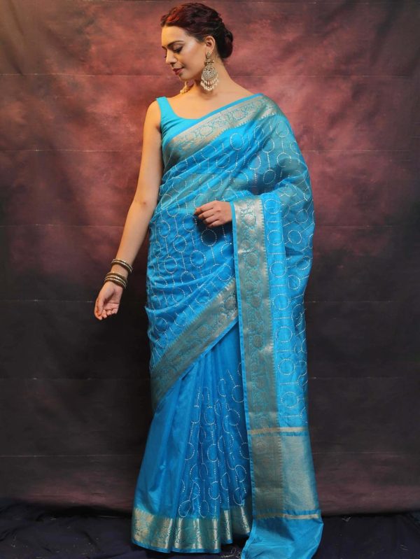 Artful Blue Nylon Organza Jacquard Multi Embroidered Saree