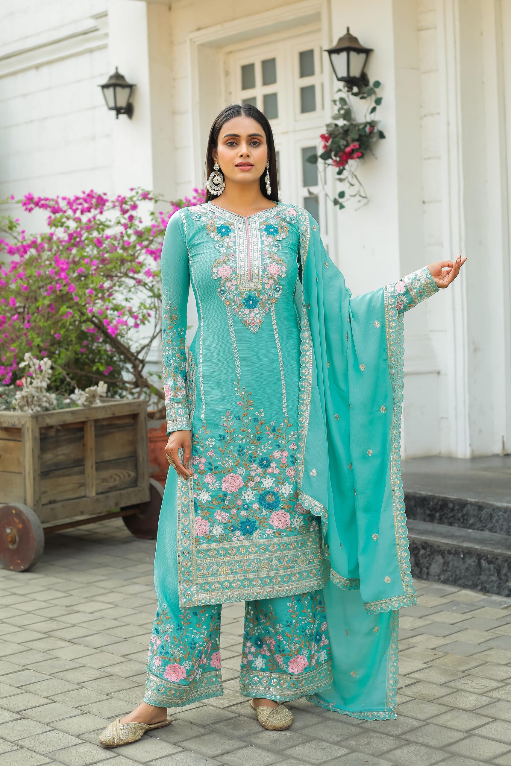 Artful Cyan Color Chinon Silk Diamond Hand Work Sharara Suit