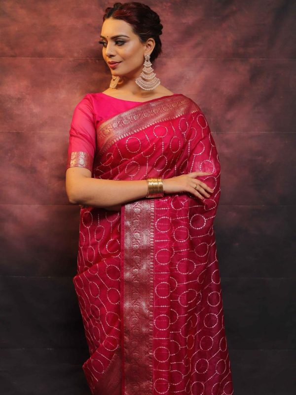 Artful Red Nylon Organza Jacquard Multi Embroidered Saree