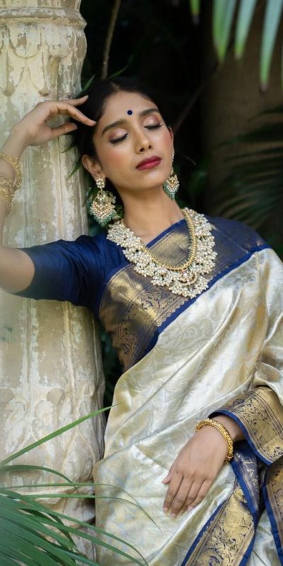 Artful White & Blue Color Soft Lichi Silk Jacquard Work Saree (2)