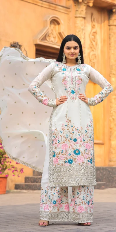 Artful White Color Chinon Silk Diamond Hand Work Sharara Suit