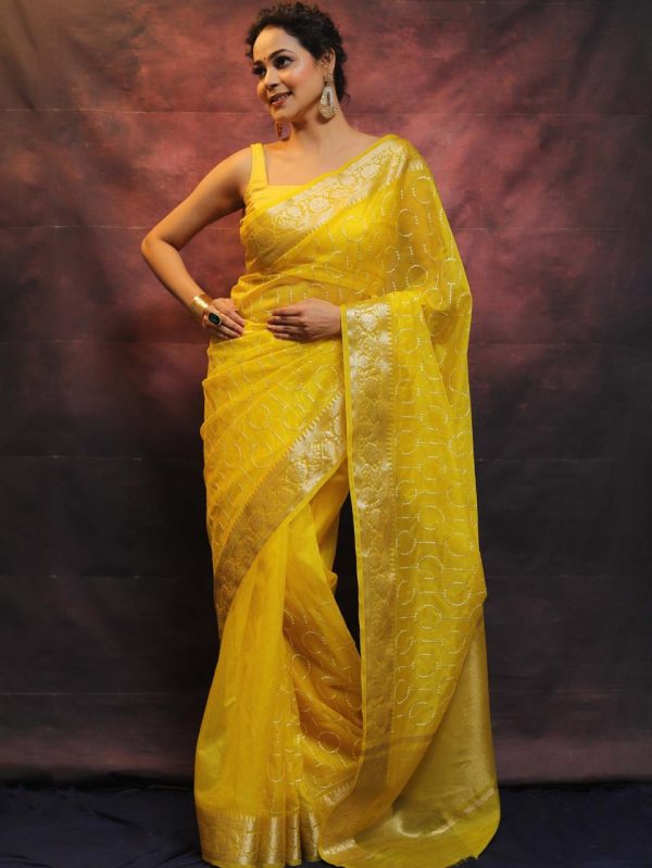Artful Yellow Nylon Organza Jacquard Multi Embroidered Saree