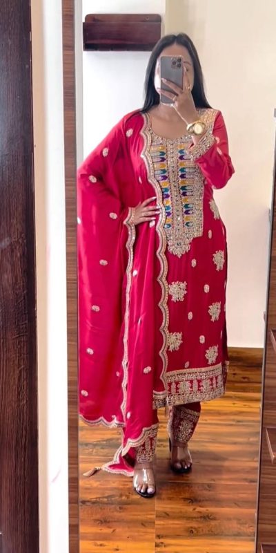 Beautiful Red Color Malty Thread Sequence Work Salwar Suit