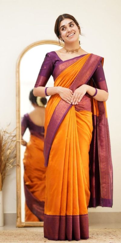 Brilliant Orange Color Soft Lichi Silk Ordinary Design Rich Pallu Saree