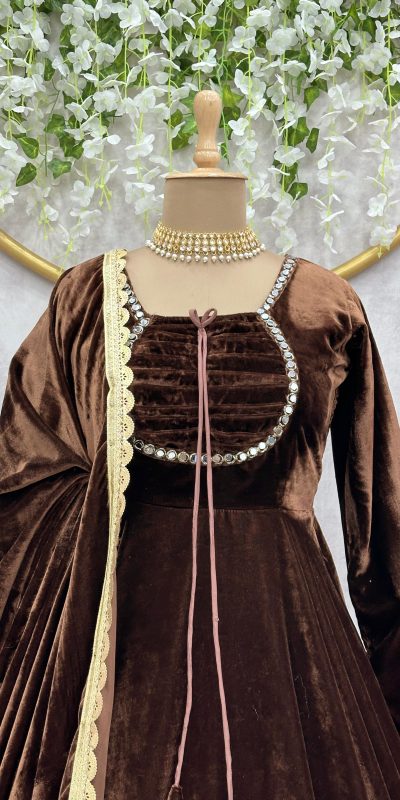 Classic Coffee Color Velvet Real Mirror Fancy Lace Salwar Suit