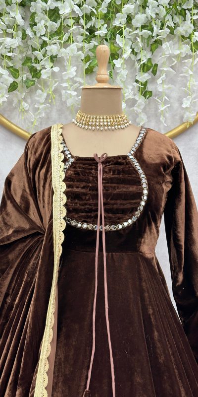 Classic Coffee Color Velvet Real Mirror Fancy Lace Salwar Suit