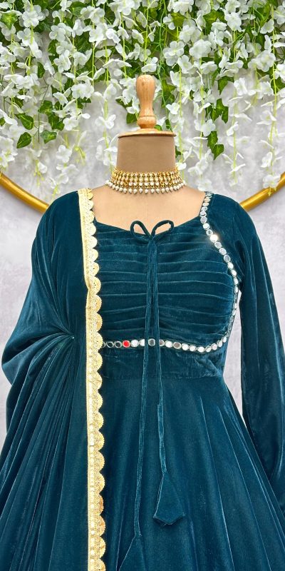 Classic Peacock Blue Color Velvet Real Mirror Fancy Salwar Suit