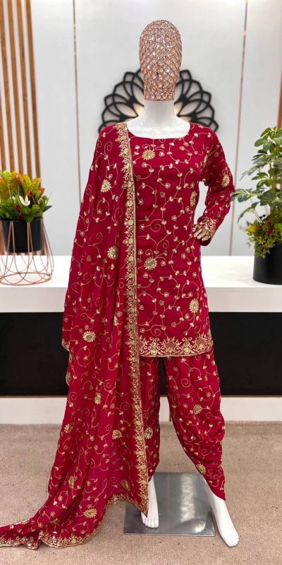 Classic Red Color Vichitra Silk Embroidery Dhoti Stael Sharara Suit