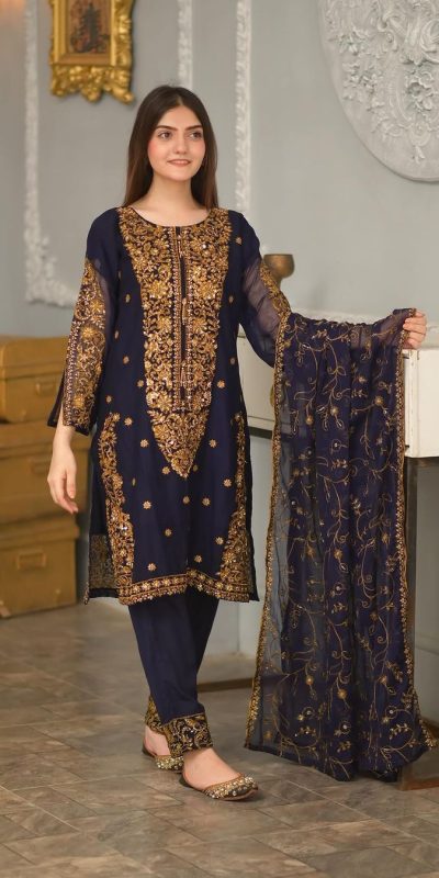 Cute Navy Blue Color Faux Georgette Embroidery Sequence Work Salwar Suit