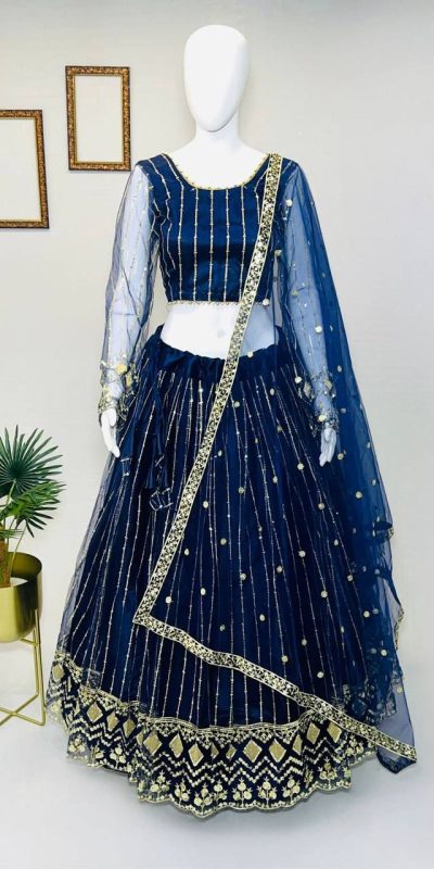 Cute Navy Blue Color Soft Net Embroidery Sequins Lehenga Choli