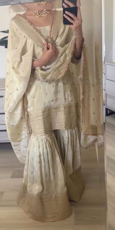 Dazzling Off White Chinnon Silk Embroidery Sequence Salwar Suit