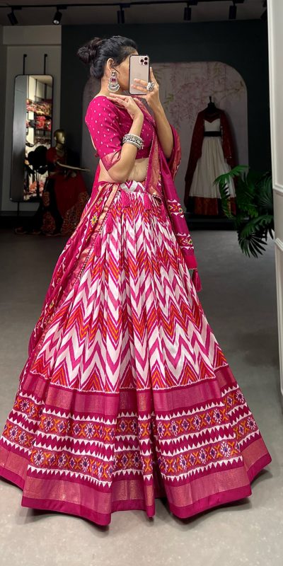 Dazzling Pink Color Tussar Silk Leheriya Foil Print Lehenga Choli