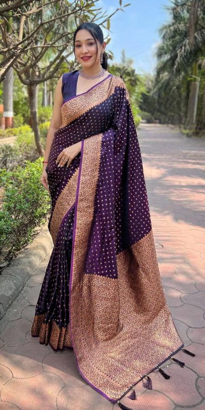 Dazzling Purple Color Soft Lichi Silk Beautiful Rich Pallu Saree