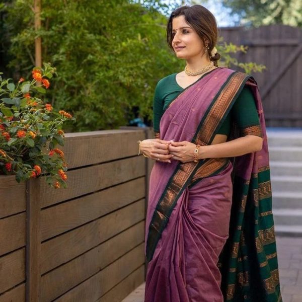 Dazzling Purple Color Soft Lichi Silk Cloth Rich Pallu Work Saree
