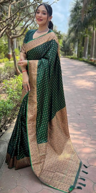 Dazzling Stone Green Color Soft Lichi Silk Beautiful Pallu Saree