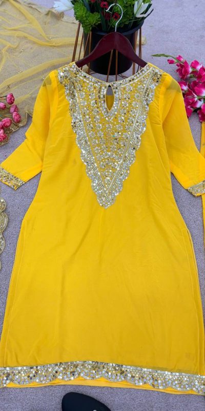 Yellow Georgette Embroidery Mirror Salwar Suit