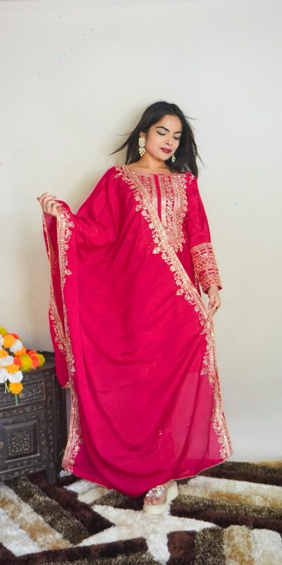 Elegant Pink Color Pure Chinnon Silk Embroidery Salwar Suit