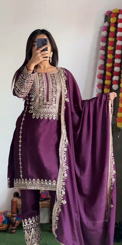 Elegant Purple Color Pure Chinnon Silk Embroidery Salwar Suit