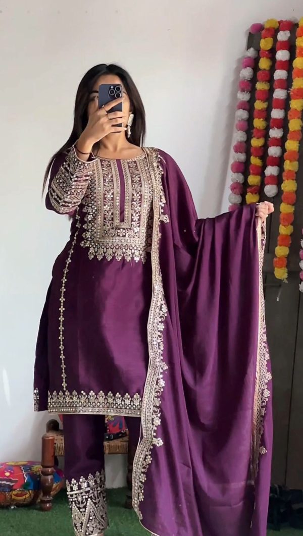 Elegant Purple Color Pure Chinnon Silk Embroidery Salwar Suit