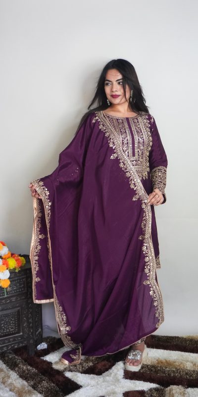 Elegant Purple Color Pure Chinnon Silk Embroidery Salwar Suit