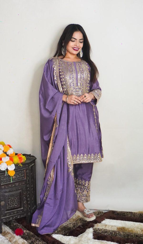 Elegant Violet Color Pure Chinnon Silk Embroidery Salwar Suit