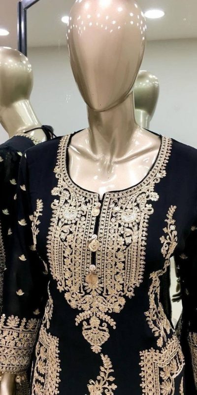 Fancy Black Chinnon Silk Embroidery Coding Dori Salwar Suit