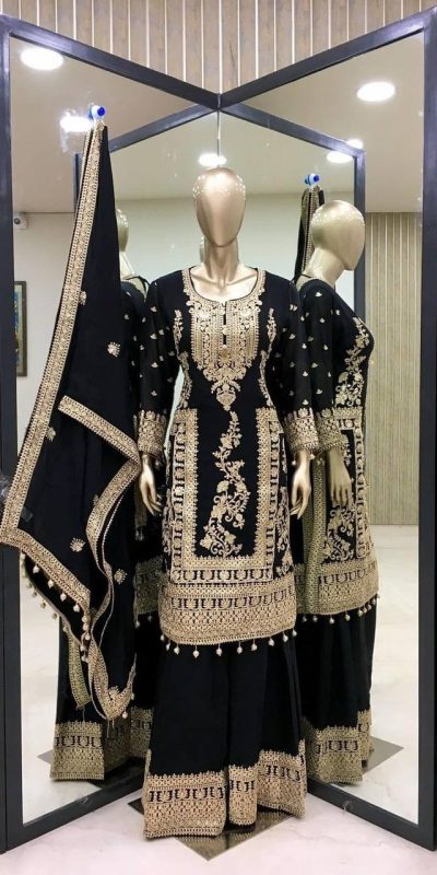 Fancy Black Chinnon Silk Embroidery Coding Dori Salwar Suit