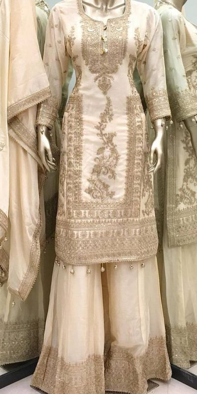 Fancy Golden Chinnon Silk Embroidery Coding Dori Salwar Suit