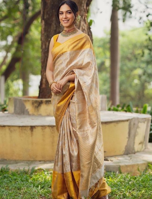 Fancy Golden Color Soft Lichi Silk Cloth Beautiful Rich Pallu Saree