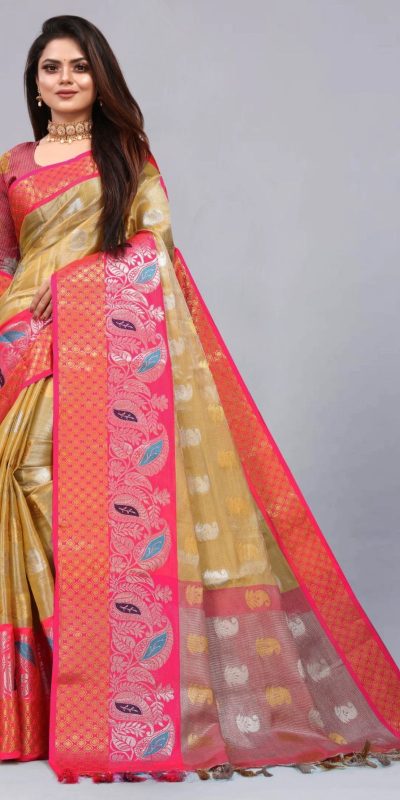 Fancy Golden Color Soft Organic Tissue Silk Gold Silver Zari Weaving Saree