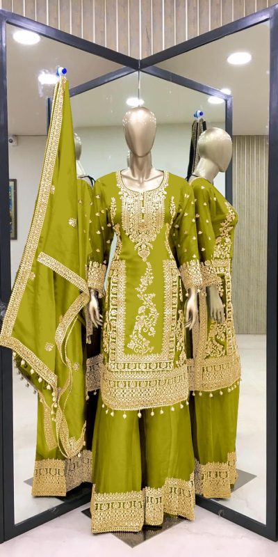 Fancy Green Chinnon Silk Embroidery Coding Dori Salwar Suit