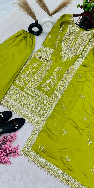Fancy Green Chinnon Silk Embroidery Coding Dori Salwar Suit