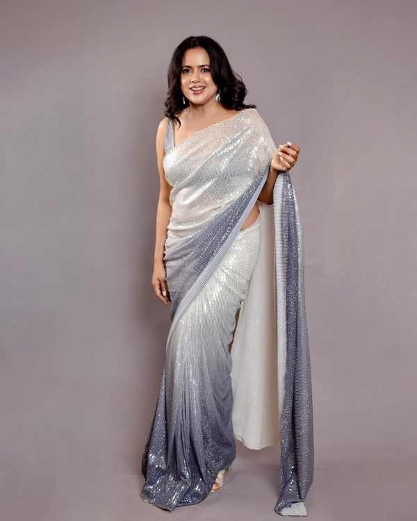 Fancy Grey Georgette Digital Printed Sequence Embroidery Saree