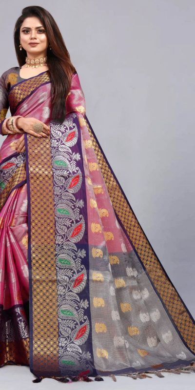 Fancy Peach Color Organic Tissue Silk Gold Zari Weaving Saree