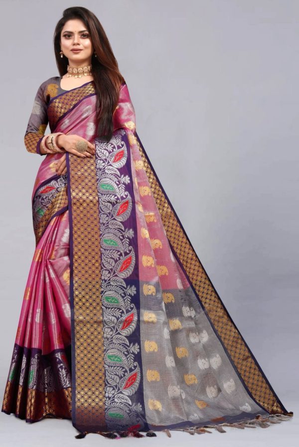 Fancy Peach Color Organic Tissue Silk Gold Zari Weaving Saree
