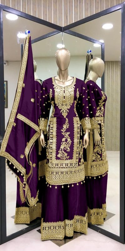 Fancy Purple Chinnon Silk Embroidery Coding Dori Salwar Suit