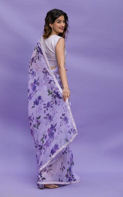 Fancy Violet Floral Digital Printed Georgette Lace Border Saree