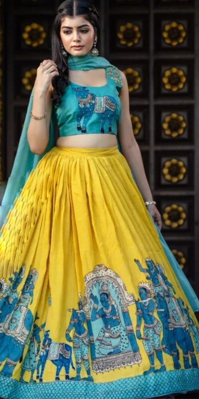 Fancy Yellow Color Chant Crepe Kalamkari Print Lehenga Choli