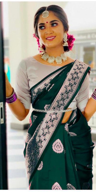 Fashionable Stone Green Color Soft Lichi Silk Beautiful Rich Pallu Saree