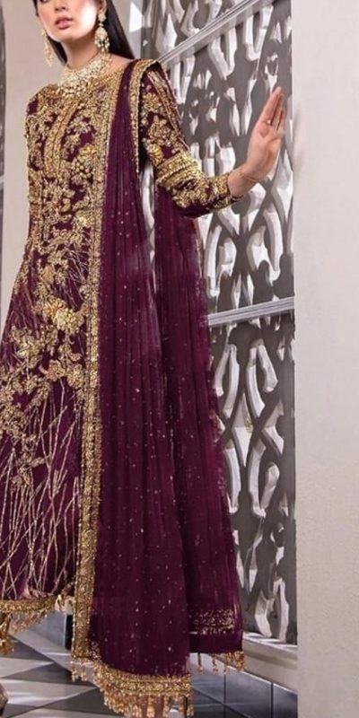 Feminine Purple Color Net Embroidery Diamond Work Sharara Suit