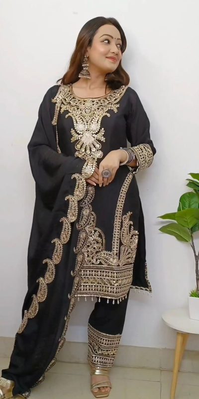 Fine Black Color Pure Chinnon Silk Embroidery Salwar Suit