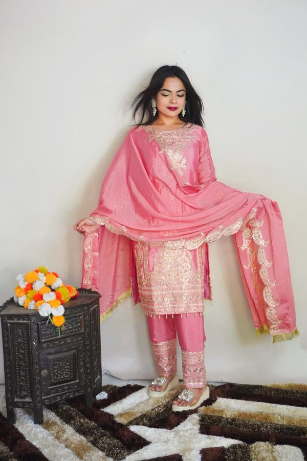 Fine Pink Color Pure Chinnon Silk Embroidery Salwar Suit