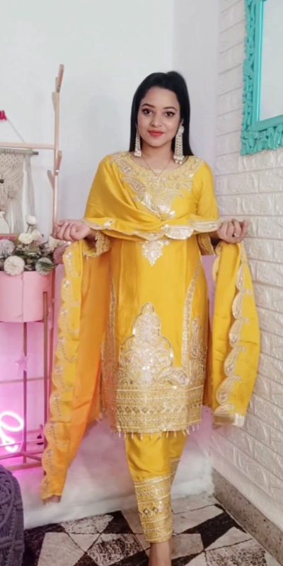 Fine Yellow Color Pure Chinnon Silk Embroidery Salwar Suit