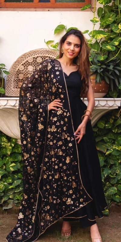 Gorgeous Black Heavy Faux Georgette With Fully Flair Salwar Suit