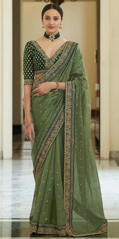 Gorgeous Green Color Organza Silk Embroidery Lace Border Saree