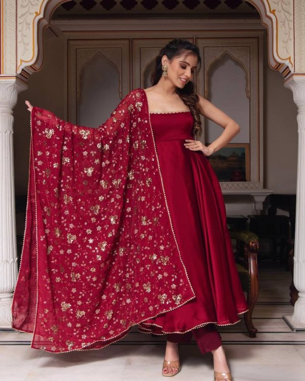 Gorgeous Red Heavy Faux Georgette With Fully Flair Salwar Suit