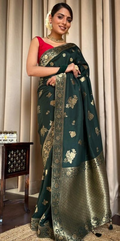 Graceful Green Color Banarasi Soft Silk Extra Ordinary Design Saree