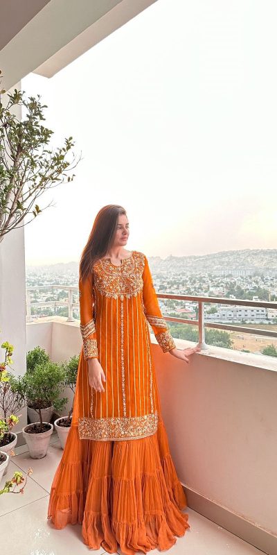 Graceful Orange Color Georgette Thread Sequence Salwar Suit