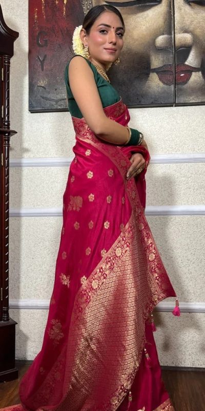 Graceful Pink Color Banarasi Soft Silk Extra Ordinary Design Saree