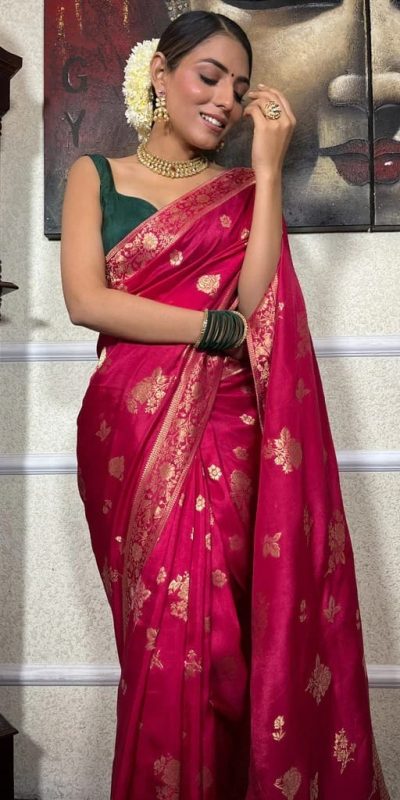 Graceful Pink Color Banarasi Soft Silk Extra Ordinary Design Saree